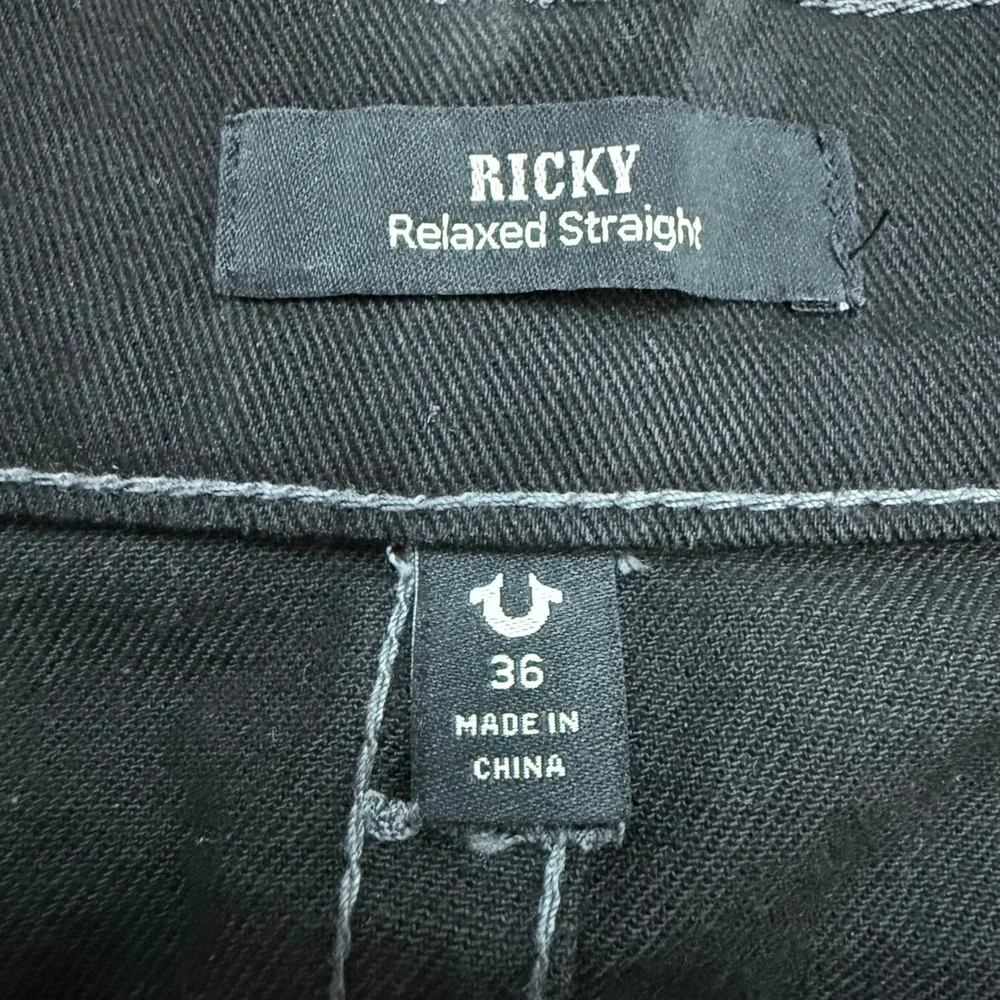True Religion Ricky Relaxed Straight Jeans Mens 36 Black Contrast Stitch Flap